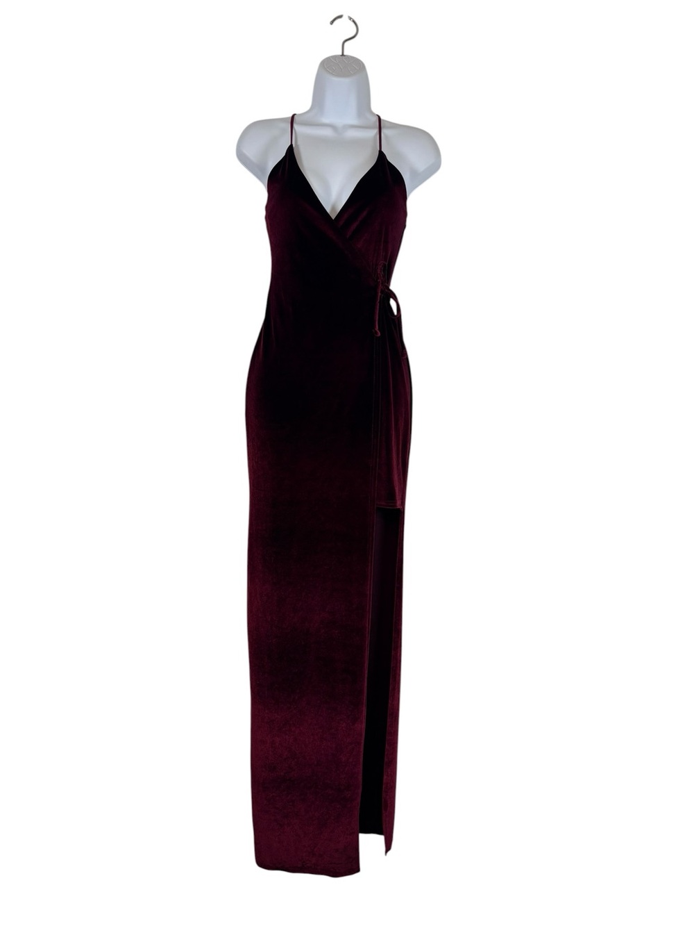 Missguided Burgundy Velvet Faux Wrap Maxi Dress High Slit Spaghetti Strap US 4